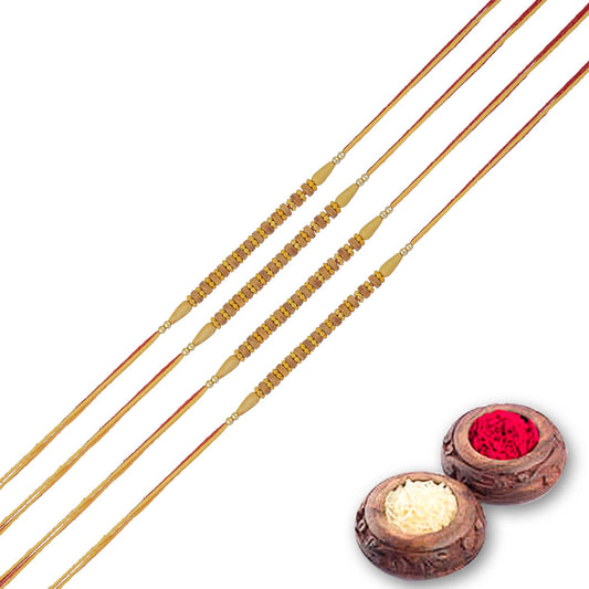 Elegant Dora Rakhi Set of 4 with Roli Chawal and Raksha Bandhan Greeting Card For Bhai/Bro/Men/Boy-128