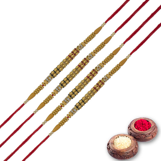 Fancy Dora Rakhi Set of 4 with Roli Chawal and Raksha Bandhan Greeting Card For Bhai/Bro/Men/Boy-130