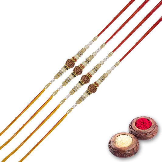 Elegant Rudraksh Rakhi Set of 4 with Roli Chawal and Raksha Bandhan Greeting Card For Bhai/Bro/Men/Boy