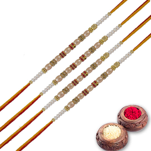 Pearl Dora Rakhi Set of 4 with Roli Chawal and Raksha Bandhan Greeting Card For Bhai/Bro/Men/Boy-131