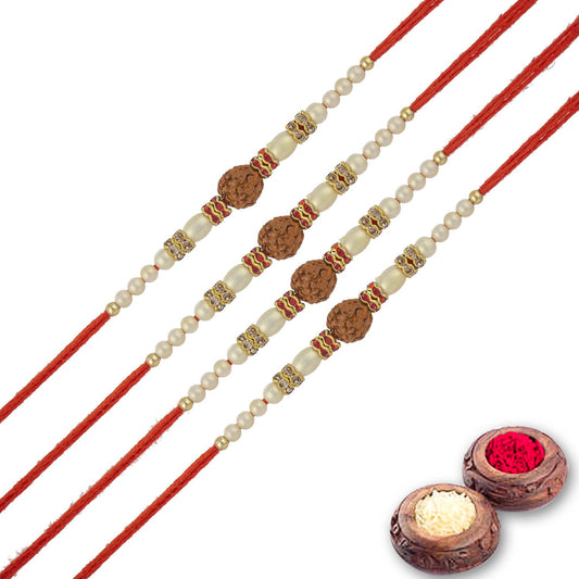 Rudraksh Rakhi Set of 4 with Roli Chawal and Raksha Bandhan Greeting Card For Bhai/Bro/Men/Boy-132