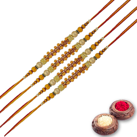 Fancy Dora Rakhi Set of 4 with Roli Chawal and Raksha Bandhan Greeting Card For Bhai/Bro/Men/Boy-133