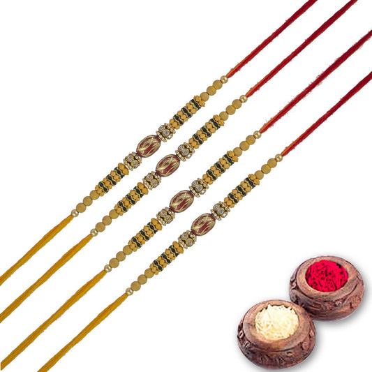 Fancy Dora Rakhi Set of 4 with Roli Chawal and Raksha Bandhan Greeting Card For Bhai/Bro/Men/Boy-134