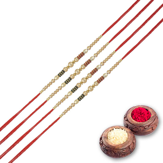 Fancy Dora Rakhi Set of 4 with Roli Chawal and Raksha Bandhan Greeting Card For Bhai/Bro/Men/Boy-135