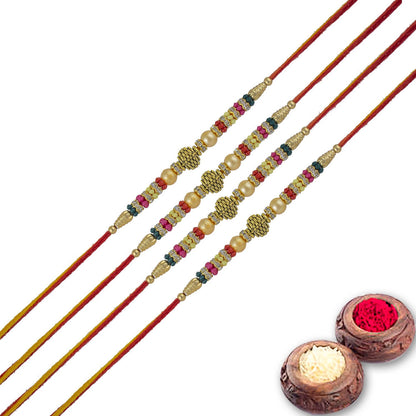 Fancy Dora Rakhi Set of 4 with Roli Chawal and Raksha Bandhan Greeting Card For Bhai/Bro/Men/Boy-136