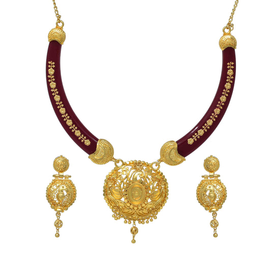 Traditional Maroon Color Pola Necklace for women with Earrings