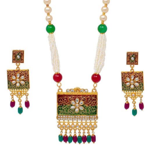 Kundan Studded Pearl Necklace Set with Earring