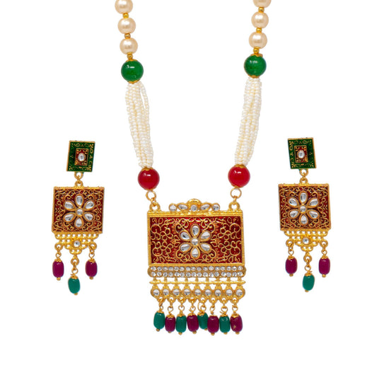 Kundan Studded Pearl Necklace Set with Earring