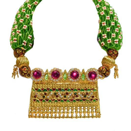 Gold plated White Stone Rajasthani Aad with Pink Pearls and Green beads