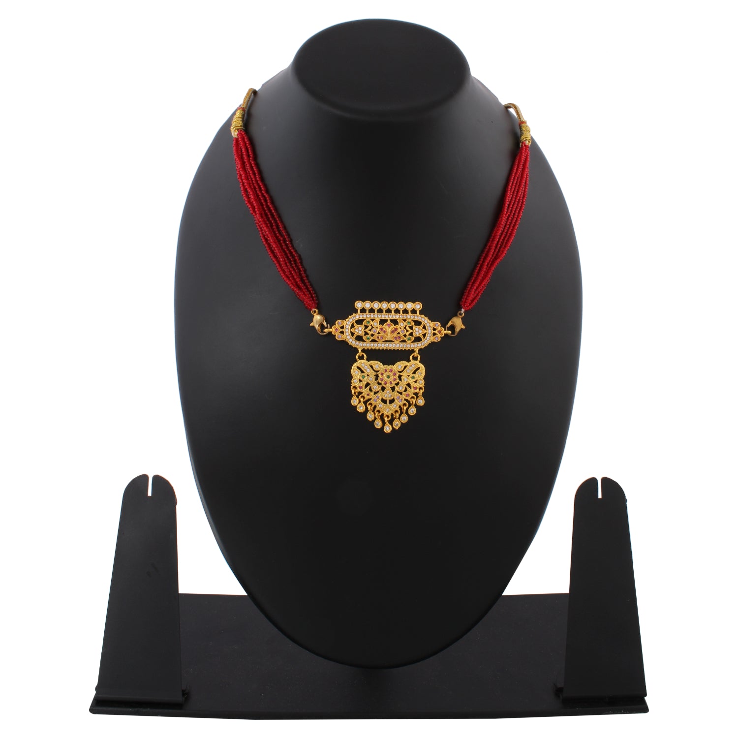 Indian Jewellery from Meira Jewellery:Rajasthani Jewellery,Rajasthani Rajputi Golden Micro Aad American Diamond multi strand for Women (Small Size) Red